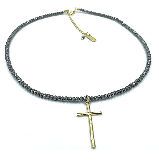 Erin Gray Prayer Cross on Pyrite Necklace in Gold
